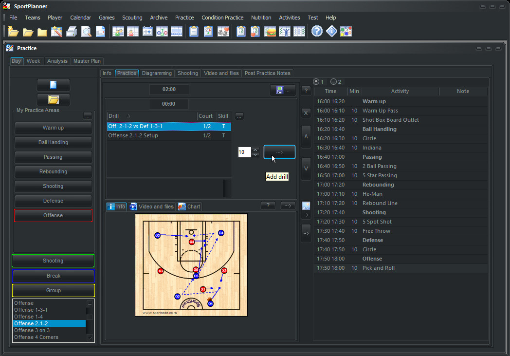 Sportplanner has practice planner, workout, games schedule and scouting reports