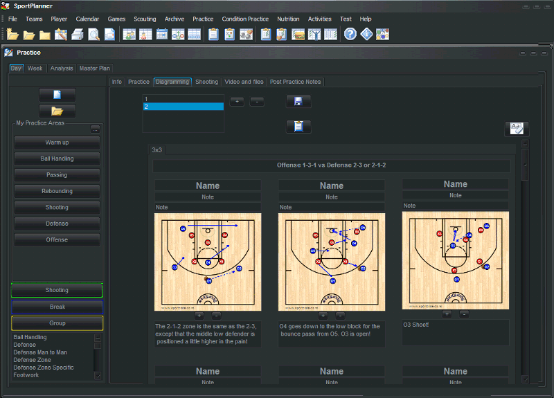 Diagramming and Set Plays of SportPlanner Daily Practice Plan